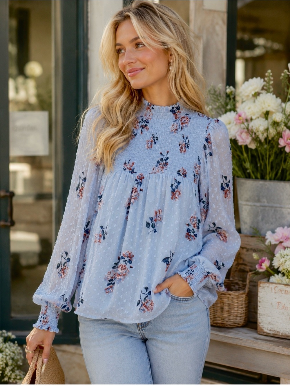 Maison d’Amelie Paris Swiss Dot Floral Blouse Romantic Blue Women’s Sz Small Top